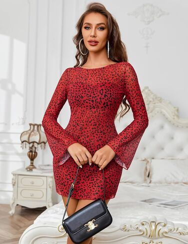 Avidlove Women's Mesh Dress Backless Bell Sleeve Party Clubwear Mini Bodycon Dresses in Kuwait
