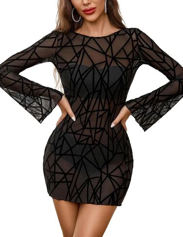 Avidlove Women's Mesh Dress Backless Bell Sleeve Party Clubwear Mini Bodycon Dresses in Kuwait