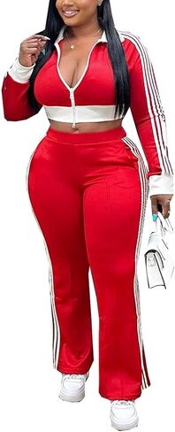 KANSOON Track Suits for Women Set 2 Piece Colorblock Zip Up Crop Jacket and High Waist Side Stripe Pants Outfit in Saudi Arabia