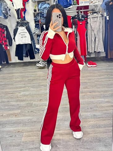 KANSOON Track Suits for Women Set 2 Piece Colorblock Zip Up Crop Jacket and High Waist Side Stripe Pants Outfit in Saudi Arabia