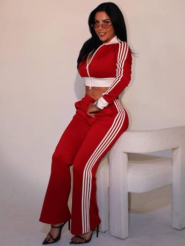 KANSOON Track Suits for Women Set 2 Piece Colorblock Zip Up Crop Jacket and High Waist Side Stripe Pants Outfit in Saudi Arabia