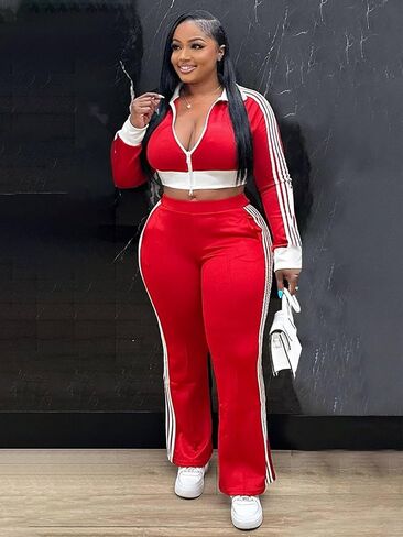 KANSOON Track Suits for Women Set 2 Piece Colorblock Zip Up Crop Jacket and High Waist Side Stripe Pants Outfit in Saudi Arabia