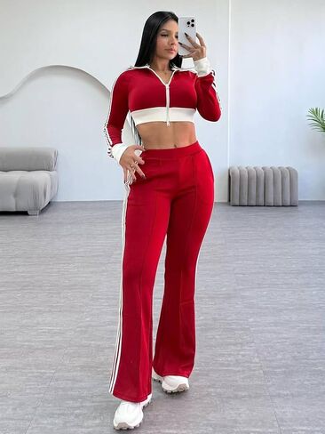 KANSOON Track Suits for Women Set 2 Piece Colorblock Zip Up Crop Jacket and High Waist Side Stripe Pants Outfit in Saudi Arabia
