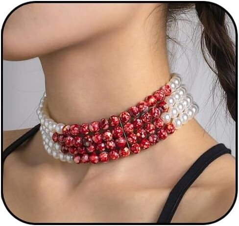 Dripping Vampire Necklace for Women Gothic Blood Pearl Choker Layered Bleeding Pearls Vampire Necklaces Halloween Dark Bridal Vampires Witch Party Jewelry Accessories in Saudi Arabia