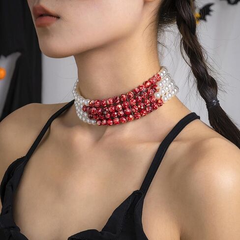 Dripping Vampire Necklace for Women Gothic Blood Pearl Choker Layered Bleeding Pearls Vampire Necklaces Halloween Dark Bridal Vampires Witch Party Jewelry Accessories in Saudi Arabia