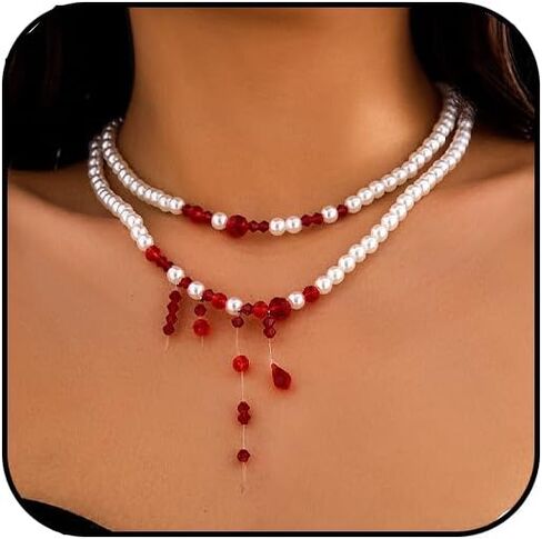 Dripping Vampire Necklace for Women Gothic Blood Pearl Choker Layered Bleeding Pearls Vampire Necklaces Halloween Dark Bridal Vampires Witch Party Jewelry Accessories in Saudi Arabia