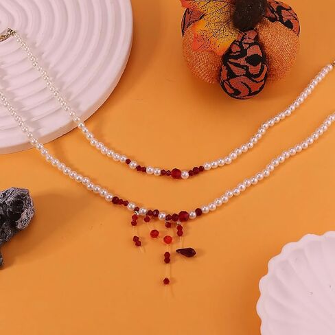 Dripping Vampire Necklace for Women Gothic Blood Pearl Choker Layered Bleeding Pearls Vampire Necklaces Halloween Dark Bridal Vampires Witch Party Jewelry Accessories in Saudi Arabia