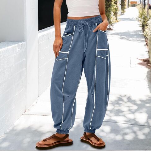 Striped Sweatpants for Women Baggy Lounge Pants Workout Gym Active Drawstring High Waisted Comfy Joggers Trousers in Saudi Arabia