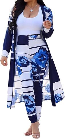 Adilaca Womens 2 قطعة ملابس الطباعة الأزهار المفتوحة الأمامية والسروال مجموعة (14 لون ، S-4XL) in Kuwait