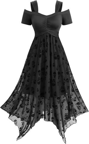 DRESSFO Women's Ruched Skulls Flocking Mesh Asymmetrical Cold Shoulder Dress in Saudi Arabia