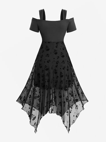 DRESSFO Women's Ruched Skulls Flocking Mesh Asymmetrical Cold Shoulder Dress in Saudi Arabia