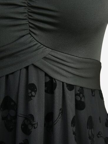DRESSFO Women's Ruched Skulls Flocking Mesh Asymmetrical Cold Shoulder Dress in Saudi Arabia