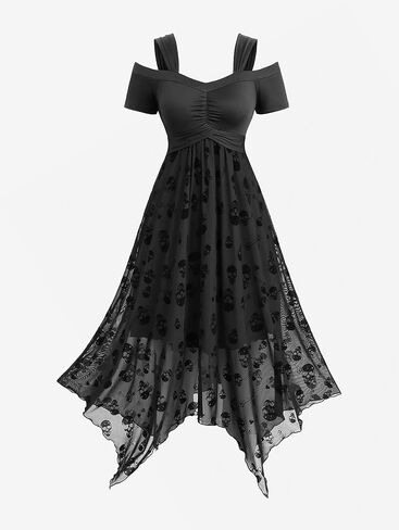 DRESSFO Women's Ruched Skulls Flocking Mesh Asymmetrical Cold Shoulder Dress in Saudi Arabia
