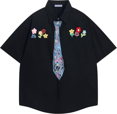 Aelfric Eden Men's Button أسفل القمصان المصنوعة يدويًا الأزهار القصيرة الأكمام القميص على Graffiti Necktie قمصان شاطئ الصيف in Kuwait