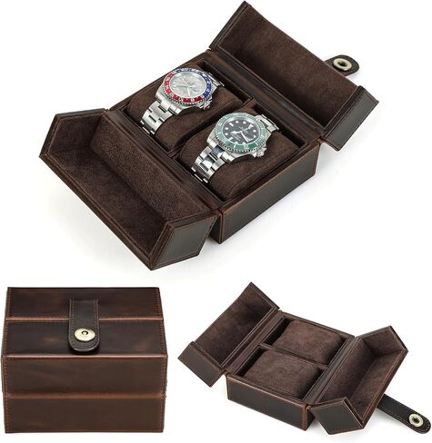 Top Grain Genuine Leather 2-Watches Organizer Box for Man & Woman ، تصميم الحد الأدنى الرجعية لمشاهدة/سوار ، مصنوعة يدويًا ، محمولًا للسفر والتحول والعرض ، القهوة ، فتحات 2 in Kuwait