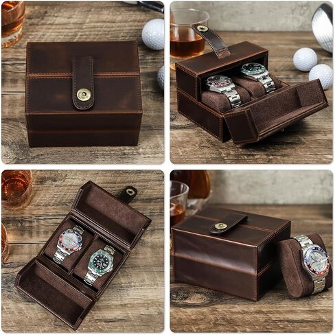Top Grain Genuine Leather 2-Watches Organizer Box for Man & Woman ، تصميم الحد الأدنى الرجعية لمشاهدة/سوار ، مصنوعة يدويًا ، محمولًا للسفر والتحول والعرض ، القهوة ، فتحات 2 in Kuwait