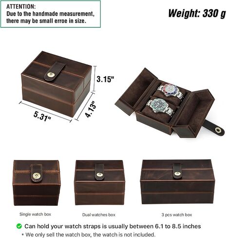 Top Grain Genuine Leather 2-Watches Organizer Box for Man & Woman ، تصميم الحد الأدنى الرجعية لمشاهدة/سوار ، مصنوعة يدويًا ، محمولًا للسفر والتحول والعرض ، القهوة ، فتحات 2 in Kuwait
