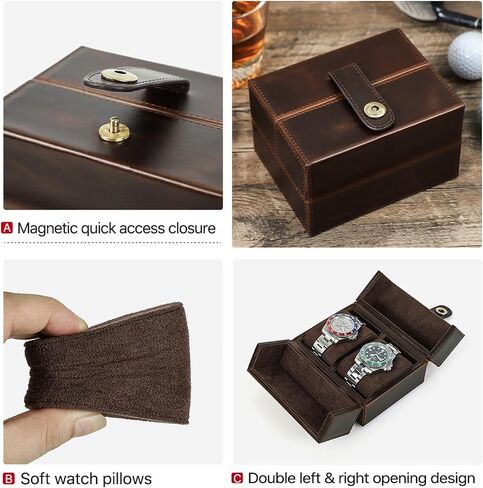 Top Grain Genuine Leather 2-Watches Organizer Box for Man & Woman ، تصميم الحد الأدنى الرجعية لمشاهدة/سوار ، مصنوعة يدويًا ، محمولًا للسفر والتحول والعرض ، القهوة ، فتحات 2 in Kuwait