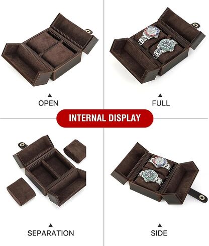 Top Grain Genuine Leather 2-Watches Organizer Box for Man & Woman ، تصميم الحد الأدنى الرجعية لمشاهدة/سوار ، مصنوعة يدويًا ، محمولًا للسفر والتحول والعرض ، القهوة ، فتحات 2 in Kuwait