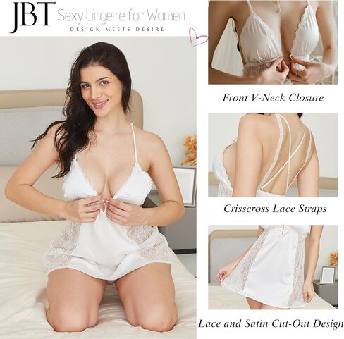jbt مثير الملابس الداخلية للنساء ： مفتوح الأمام v العنق الدانتيل الساتان Chemise - ملابس شبكية شبكية الملابس الداخلية in Saudi Arabia
