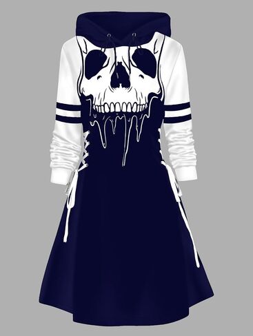 DRESSFO Women’s Gothic Skull Print Hoodie Dress – Long Sleeve Lace Up Colorblock A-Line Mini Dress with Hood in Saudi Arabia
