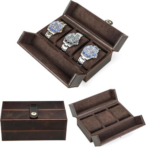 Top Grain Genuine Leather 2-Watches Organizer Box for Man & Woman ، تصميم الحد الأدنى الرجعية لمشاهدة/سوار ، مصنوعة يدويًا ، محمولًا للسفر والتحول والعرض ، القهوة ، فتحات 2 in Kuwait