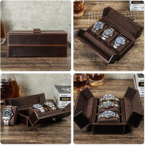 Top Grain Genuine Leather 2-Watches Organizer Box for Man & Woman ، تصميم الحد الأدنى الرجعية لمشاهدة/سوار ، مصنوعة يدويًا ، محمولًا للسفر والتحول والعرض ، القهوة ، فتحات 2 in Kuwait