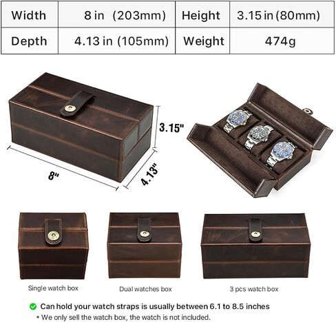 Top Grain Genuine Leather 2-Watches Organizer Box for Man & Woman ، تصميم الحد الأدنى الرجعية لمشاهدة/سوار ، مصنوعة يدويًا ، محمولًا للسفر والتحول والعرض ، القهوة ، فتحات 2 in Kuwait