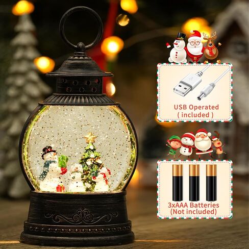 Christmas Snow Globe Lantern, Musical Lighted Snowman and Tree Snow Globes with 6H Timer, Battery & USB Operated Spinning and Swirling Glitter Snow Globes Christmas Decorations in Kuwait