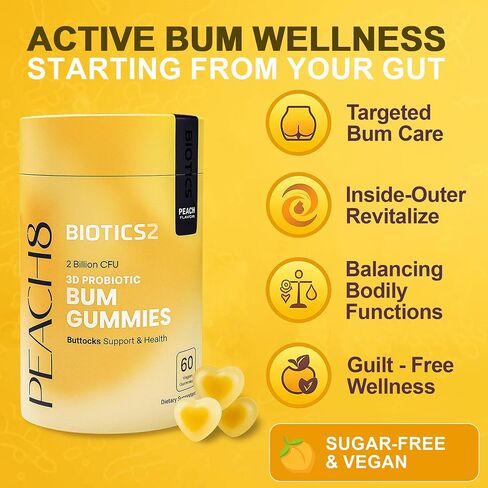 Peach8 بعقب دعم النساء البروبيوتيك غنائز - 60 Sugarfree BBL Booty Vitamins C A Gummies ، 2B بروبيوتيك ، prebiotics ، 4 مكملات عشبية المنشار بالميتو ، MACA الأسود ، Motherwort للامتصاص Max Bum Max in Saudi Arabia