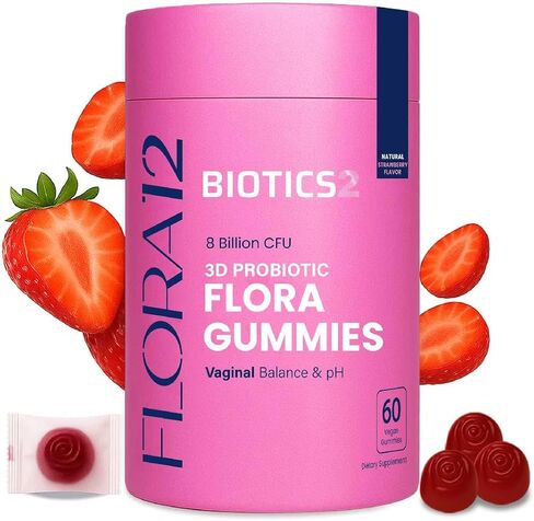 Flora12 3D Probiotic Haginal Health & PH Balance Gullies - 8 مليارات بروبيوتيك ، prebiotics ، 5 مستخلصات عشبية من اليام البري ، النخيل ، Dong Quai ، Kelp البرية ، Motherwort - 60 Vegan Sugarfree Gummies in Saudi Arabia