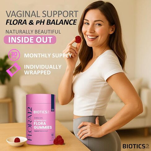 Flora12 3D Probiotic Haginal Health & PH Balance Gullies - 8 مليارات بروبيوتيك ، prebiotics ، 5 مستخلصات عشبية من اليام البري ، النخيل ، Dong Quai ، Kelp البرية ، Motherwort - 60 Vegan Sugarfree Gummies in Saudi Arabia
