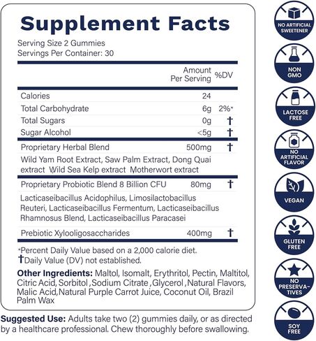 Flora12 3D Probiotic Haginal Health & PH Balance Gullies - 8 مليارات بروبيوتيك ، prebiotics ، 5 مستخلصات عشبية من اليام البري ، النخيل ، Dong Quai ، Kelp البرية ، Motherwort - 60 Vegan Sugarfree Gummies in Saudi Arabia