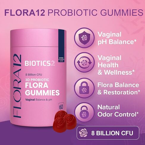Flora12 3D Probiotic Haginal Health & PH Balance Gullies - 8 مليارات بروبيوتيك ، prebiotics ، 5 مستخلصات عشبية من اليام البري ، النخيل ، Dong Quai ، Kelp البرية ، Motherwort - 60 Vegan Sugarfree Gummies in Saudi Arabia