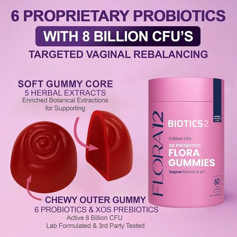 Flora12 3D Probiotic Haginal Health & PH Balance Gullies - 8 مليارات بروبيوتيك ، prebiotics ، 5 مستخلصات عشبية من اليام البري ، النخيل ، Dong Quai ، Kelp البرية ، Motherwort - 60 Vegan Sugarfree Gummies in Saudi Arabia