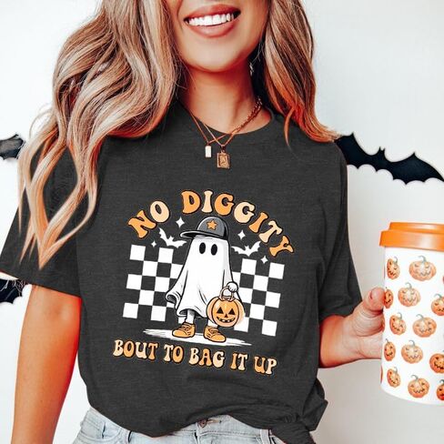 Halloween Shirts for Women Oversized Spooky: No Diggity Shirt Cute Ghost Graphic Tee Halloween Costumes in Saudi Arabia