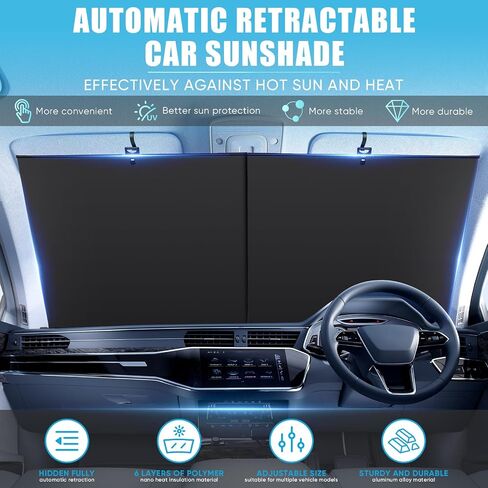 Automatic Retractable Car Sunshade, 2025 New Adjustable Auto Windshield Sun Shade, 35x50 inch Suction Cup Sunshade for Various Models, UV Blocking Protects for Drivers in Saudi Arabia