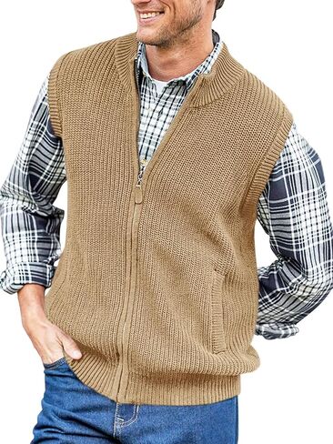 Ryannology Mens Full Zip Up Sweater Vest Knitted Cardigan Slim Fit Casual Warm Sleeveless Outerwear with 2 Pockets in Kuwait