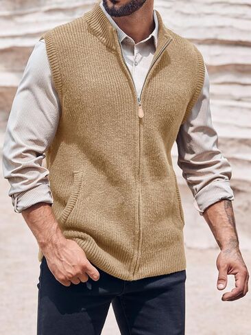 Ryannology Mens Full Zip Up Sweater Vest Knitted Cardigan Slim Fit Casual Warm Sleeveless Outerwear with 2 Pockets in Kuwait