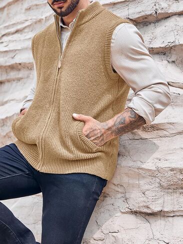Ryannology Mens Full Zip Up Sweater Vest Knitted Cardigan Slim Fit Casual Warm Sleeveless Outerwear with 2 Pockets in Kuwait