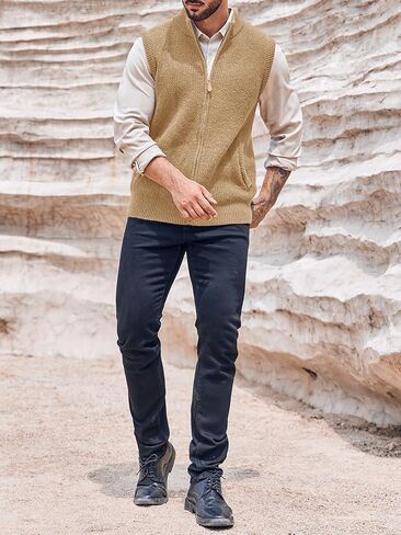 Ryannology Mens Full Zip Up Sweater Vest Knitted Cardigan Slim Fit Casual Warm Sleeveless Outerwear with 2 Pockets in Kuwait