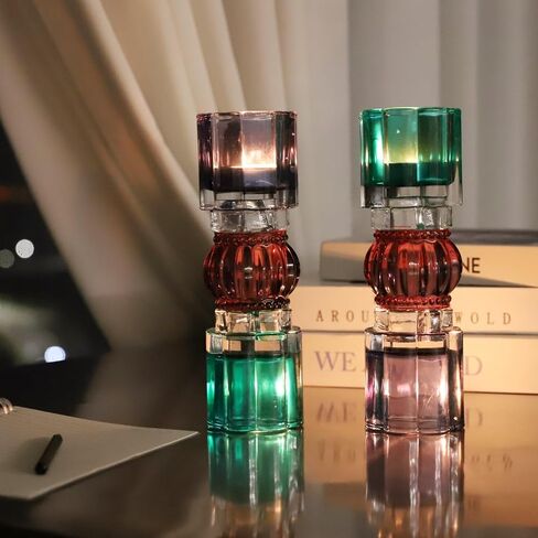 VOHO Amber Votive Candle Holders for Fall Decor, Set of 2 Vintage Tealight Candle Holder for Coffee Table Mantle, Tall Votive Holder Jazzy Glass Mix for Centerpiece(7.87x2.75 in W/H, Shades of Amber) in Saudi Arabia