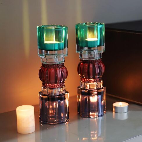 VOHO Amber Votive Candle Holders for Fall Decor, Set of 2 Vintage Tealight Candle Holder for Coffee Table Mantle, Tall Votive Holder Jazzy Glass Mix for Centerpiece(7.87x2.75 in W/H, Shades of Amber) in Saudi Arabia