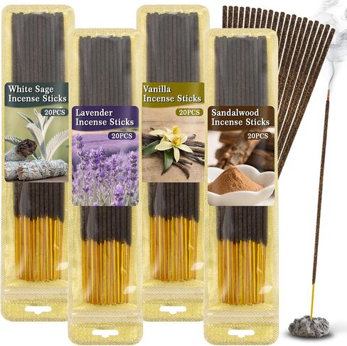80PCS White Sage Incense Sticks - Sandalwood Incense Sticks Natural,Lavender Vanilla Stick,4 Scents Without Incense Holder,Meditation Spiritual Cleansing Gift Set Indian Scented Style in Saudi Arabia