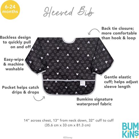 Bumkins Sleeved Bib for Girl or Boy, Baby and Toddler for 6-24 Mos, Essential Must Have for Eating, Feeding, Baby Led Weaning Supplies, Long Sleeve Mess Saving Food Catcher, Soft Fabric, Sand Check in Kuwait