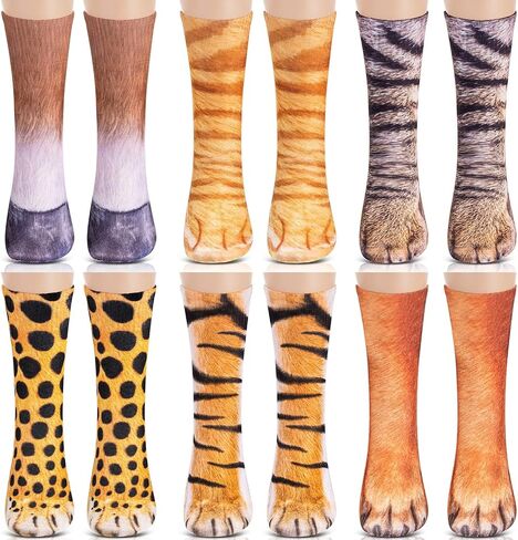 SYHOITE 6 PAIRTHS 3D Animal Paws Socks Novelty 3D Printed Animal Paw Crew Socks (كبير ، Cat ، Dog ، Horse ، Tabby Cat ، Cheetah ، Tiger) in Saudi Arabia