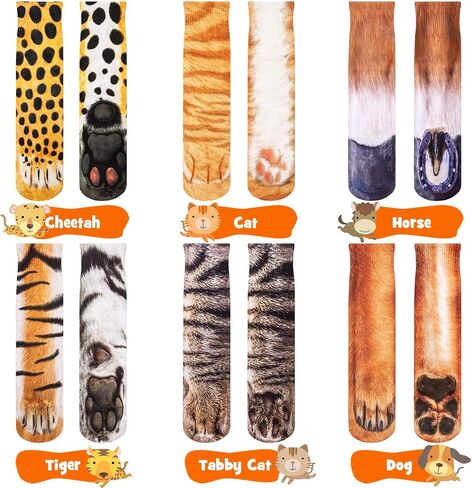SYHOITE 6 PAIRTHS 3D Animal Paws Socks Novelty 3D Printed Animal Paw Crew Socks (كبير ، Cat ، Dog ، Horse ، Tabby Cat ، Cheetah ، Tiger) in Saudi Arabia