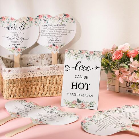 51 Pcs Wedding Fans for Guests Greenery Wedding Favors 50 Greenery Heart Wedding Paper Fans with Wood Handle, 1 Pcs Love Can Be Hot Wooden Wedding Table Sign Bridal Shower Favor in Saudi Arabia