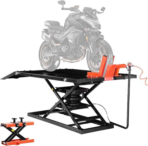 VEVOR Motorcycle Lift Table, 1500lbs Weight Capacity, Pneumatic Motorcycle Jack, 8.6-31 in Height Range, Heavy Duty Bike Repair Stand with Removable Workbench, Repair Platform for ATVs, Dirt Bike in Saudi Arabia
