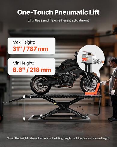 VEVOR Motorcycle Lift Table, 1500lbs Weight Capacity, Pneumatic Motorcycle Jack, 8.6-31 in Height Range, Heavy Duty Bike Repair Stand with Removable Workbench, Repair Platform for ATVs, Dirt Bike in Saudi Arabia